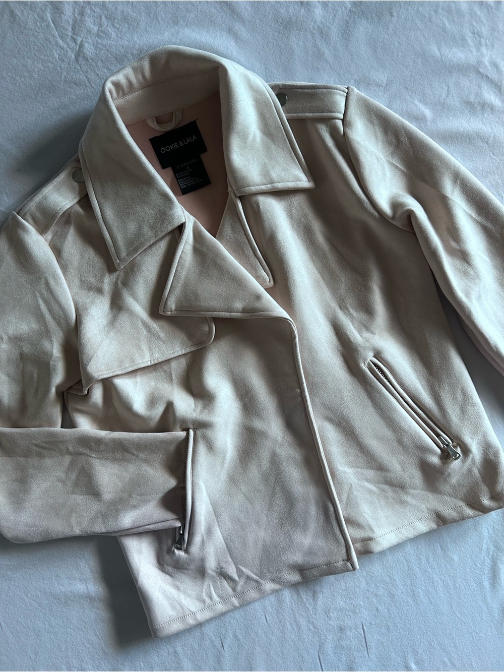 OOKIE & LALA Faux Suede Moto Jacket Small Cream Blush NWOT